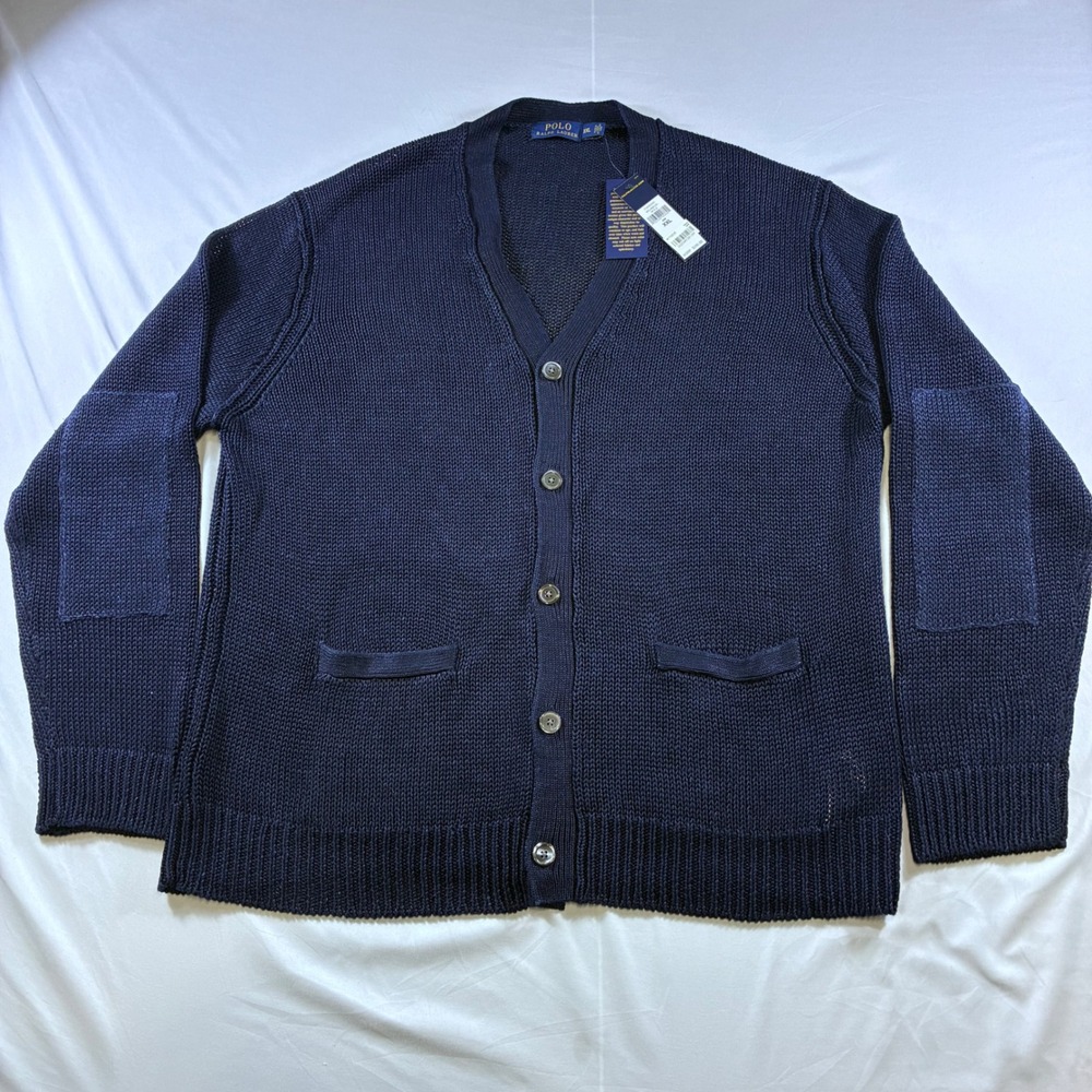 Polo Ralph Lauren Men XXL Blue 100% Linen V-Neck Cardigan Elbow Patch Sweater